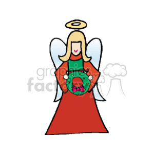 This clipart image features a simplistic cartoon-style drawing of an angel in a red dress holding a green Christmas wreath with decorations. The angel has yellow hair, white wings, and a golden halo above her head.