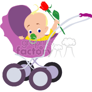 This clipart image depicts a baby with a pacifier in a purple stroller, holding a red rose, suggesting a gift for Mother's Day.