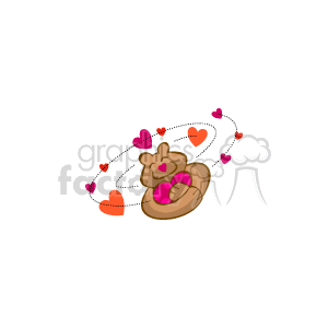 The image depicts a teddy bear surrounded by a swirl of variously sized hearts in shades of pink and red. The bear appears joyful and slightly dizzy or whimsical, given the swirl pattern of the hearts. The bear is colored in a light brown tone, with a darker shade for its features, and is holding a bright pink heart close to its chest. This gives the impression of a loving or celebratory mood, suggesting that the image could be related to Valentine's Day or a similar celebration of love and affection.