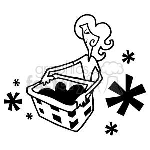 In this clipart image, there is a stylized person holding a laundry basket filled with clothes. The person appears to be handling domestic chores related to cleaning. Sparkle or starburst shapes surround the figure, possibly to indicate a fresh or clean sensation.