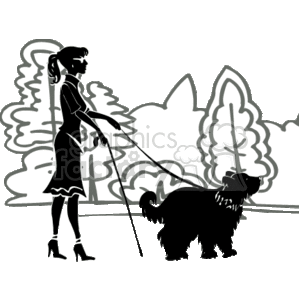 The clipart image shows a woman with a walking stick and a dog, indicating that the woman may be blind or visually impaired and the dog could be a guide dog. They are walking together, and the background suggests they are in a wooded area with trees and foliage.