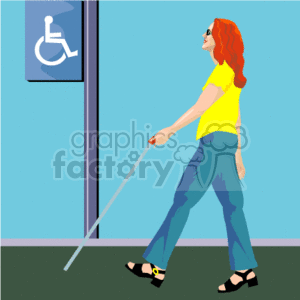 The image shows a stylized illustration of a woman walking with the aid of a long white cane, indicating that she may be visually impaired or blind. She has long red hair and is wearing a yellow shirt and blue pants with sandals. Behind her, there is a blue wall featuring a disability access symbol indicating an area for people with disabilities.