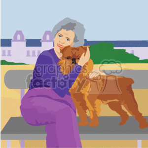 This clipart image depicts a senior woman sitting on a bench, embracing a brown dog that appears to be a small to medium-sized breed. They are outdoors, as indicated by the park or garden setting in the background, along with a distant view of buildings that resemble a castle or grand estate. The elderly lady is smiling, suggesting a moment of enjoyment or contentment with her pet companion.
