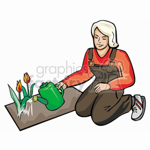 The clipart image displays a person wearing overalls and sneakers, kneeling beside a small garden bed and watering blooming flowers (including tulips) with a green watering can. It suggests a peaceful gardening scenario.