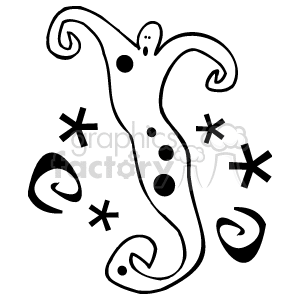 The image depicts a whimsical, cartoon-style ghost character. The ghost appears friendly and playful, with a curved shape suggesting movement or dance. It has three dark spots and a surprised facial expression. The background includes abstract shapes like swirls and asterisks, adding to the playful and supernatural theme of the illustration.
