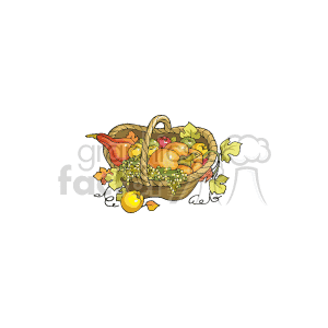 The clipart image shows a wicker basket filled with various autumnal produce. It includes gourds, squash, and some leaves, depicting a bountiful harvest. This type of imagery is commonly associated with Thanksgiving and the fall season.