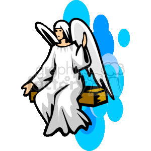 This clipart image features a stylized depiction of an angel with large wings, wearing a flowing white robe. The angel appears to be sitting or kneeling, possibly on a cloud, and has a calm or serene expression. The background includes abstract blue shapes that could be interpreted as additional clouds or a representation of the sky, giving the image a heavenly or ethereal feel.