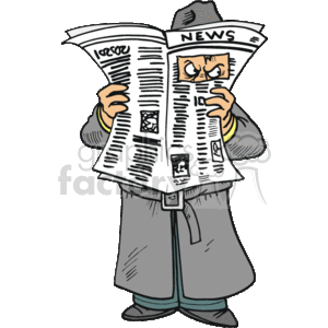 This image depicts a cartoon of a classic private investigator or detective. The character is hidden behind a newspaper labeled NEWS, with only legs in gray trousers and black shoes visible below, and two eyes peering over the top edge of the paper. The sneaky appearance suggests that the detective is covertly watching or investigating something. There's no magnifying glass or other typical detective accessories like a hat visible, just the newspaper and the character's intense gaze.
