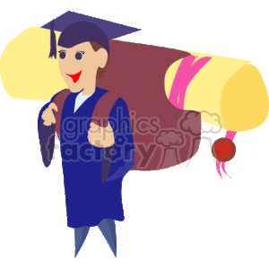 The image is a clipart that depicts a happy graduate wearing a blue graduation cap and gown. The graduate is holding backpack straps, indicating they are wearing a backpack. In the background, there's an oversized diploma with a red ribbon tied around it, symbolizing the completion of an educational program.