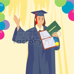 This clipart image features a person celebrating graduation. The individual is wearing a blue cap and gown and holding a diploma while raising one hand in a wave or gesture of celebration. The background includes colorful balloons and streamers, signaling a festive and joyous atmosphere associated with graduation ceremonies.