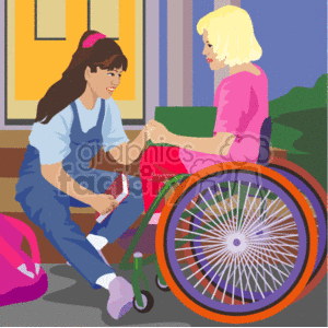 The clipart image displays two women, one of whom is using a wheelchair, engaged in an interaction in what seems to be a home environment. The woman seated in the wheelchair has blonde hair and is wearing a pink dress; she appears to be reading something on a green folder or book. The other woman has brown hair tied back with a pink headband and is in a kneeling position wearing a blue denim jumpsuit; she's smiling at the woman in the wheelchair and holding what looks like a book or tablet device in her hand. Behind them is a window, and there are hints of greenery outside, suggesting they might be in a living room or common area. The image is reflective of positivity, accessibility, friendship, and inclusivity.