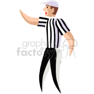 The clipart image depicts a football referee. He is shown wearing the traditional black and white striped referee's shirt, black pants, and a whistle around his neck. The referee is illustrated in a stance that commonly indicates he is making a call or managing a play during a game. His right arm is extended outward, suggesting he is signaling or directing players.