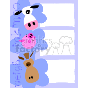 This image is a playful, cartoon-style clipart consisting of a decorative border with farm animal motifs. There are three sections where information or text could be inserted, each with a colorful backdrop and a farm animal. From the top:
1. A cow depicted with a white and black color pattern, positioned on a blue cloud-like shape with the word moo playfully written out around it.
2. A pink pig smiling, located on another blue cloud-like shape with the word oink humorously inscribed around it.
3. A brown horse shown from a front view, set on yet another similar blue shape with the word neigh whimsically repeating around it.
The overall theme is light-hearted and particularly suitable for children or for educational settings related to farming or animals.
