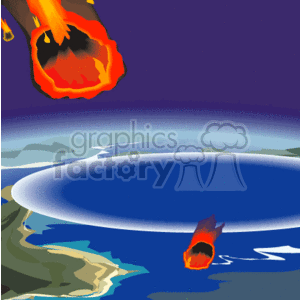 The clipart image depicts a scene of two meteors entering the Earth's atmosphere. One meteor is significantly closer to the Earth's surface, exhibiting a fiery tail due to its high-speed entry, and it seems to be on a collision course with the planet. Below, an expansive view of the Earth is seen with blue oceans, some land masses, and what appears to be an impact crater already formed by a previous meteor strike, indicated by the circular ripple emanating from it.