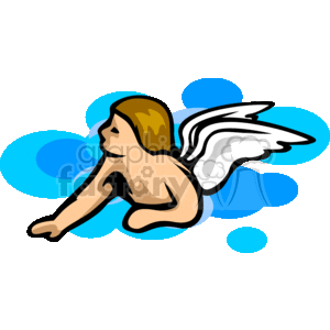 The image is a stylized representation of a classic depiction of an angel or a cupid. Key elements include:
- A figure with chubby cheeks and a thoughtful expression.
- Short, styled hair.
- Large, white wings with multiple layers of feathers.
- The figure appears to be seated with knees bent and one arm resting on a knee.
- A simplified drawing style with bold outlines and a limited color palette.
- A background consisting of abstract blue shapes, possibly representing the sky or clouds.