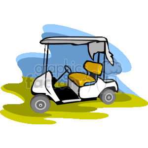 This is a clipart image of a golf cart. The cart is depicted on what looks like a patch of green grass, possibly representing a golf course. The cart is white with yellow seats and has a roof structure to provide shade. It is a simple and stylized representation commonly used for illustrative purposes.
