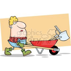 Woman pushing wheel barrow full of tools