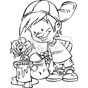 cartoon boy watering flowers bw