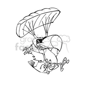 parachuting tropical bird cartoon black white