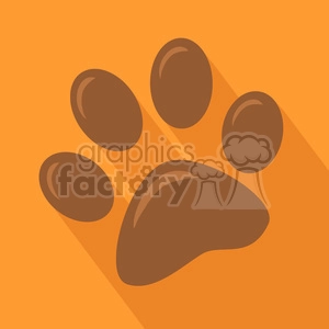 The image is a simple clipart illustration of an animal paw print. The paw print consists of four toe pads and a larger heel pad, depicted in a stylized, flat design with shadowing effects that give it a slightly three-dimensional appearance. The background is a solid, warm orange color, creating a contrasting backdrop for the brown paw print.