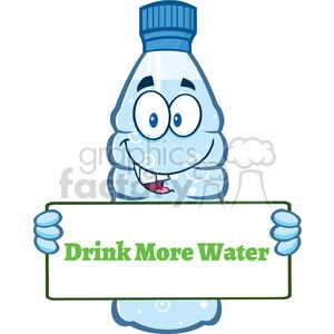 of a water plastic bottle cartoon mascot character holding a sign with text drink more water vector illustration isolated on white background