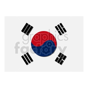 The image is a clipart depiction of the national flag of South Korea, known as the Taegukgi. It features a white background with a red and blue yin-yang symbol in the center, surrounded by four black trigrams positioned at the corners.