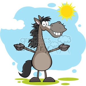 The clipart image shows a cartoon horse standing on a grassy surface, looking cheerful with a big smile. Its arms are spread wide as if in a welcoming or happy gesture. In the background, there's a sky with a few clouds and a bright yellow sun shining. The overall scene suggests a sunny and pleasant summer day.