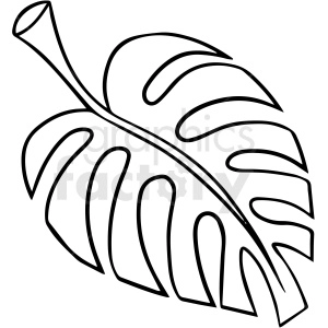 The clipart image is a black and white cartoon illustration of a jungle leaf. The leaf has a jagged edge and several veins running through it. It is shown from the front with the stem extending out to the right. The image is in vector format, which means it can be scaled up or down without losing quality.
