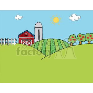 This clipart image depicts a stylized cartoon-like farmyard scene. It includes a red barn with a white fence, a silo, rolling green hills, apple trees with red apples, a bright sun in the sky, and a couple of white clouds.