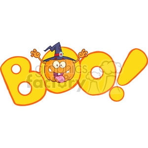 Royalty Free RF Clipart Illustration Boo Text With Scaring Halloween Pumpkin With A Witch Hat