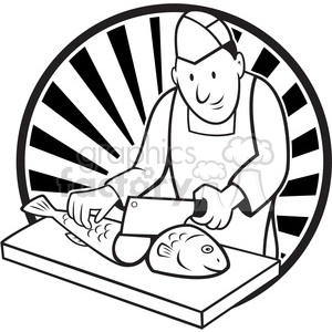 black and white fishmonger chop fish 001 circle