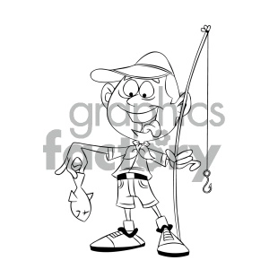 black and white cartoon boy scout character fishing