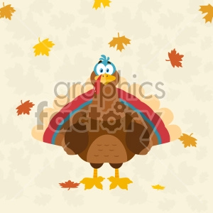 Thanksgiving Turkey Bird Cartoon Mascot Character Vector Illustration Flat Design Over Background With Autumn Leaves