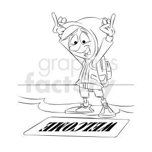 black and white cartoon refugee happy to reach shore