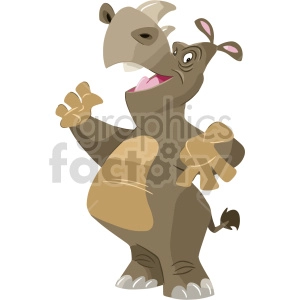 The clipart image depicts a cartoon-style rhinoceros facing towards the viewer with its head slightly tilted and its mouth open. It has two small ears on top of its head, two curved horns on its nose, and wrinkled skin texture indicating its characteristic tough hide. 