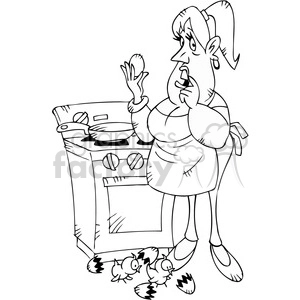 cartoon women boiling eggs character black white