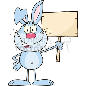 Royalty Free RF Clipart Illustration Funny Blue Rabbit Cartoon Character Holding A Wooden Board