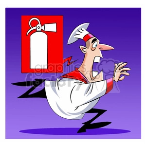 cartoon chef running for fire extinguisher