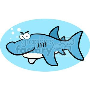 The image is a cartoon of a comical shark. The shark appears to be smiling and has exaggerated, crossed bug-eyes which give it a funny appearance. It's set against a light blue backdrop, possibly representing water, with some bubbles around it to enhance the underwater feel.