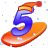 This animated GIF is the number 5 going down a slope on a snowboard. It is also wearing a yellow and red hat