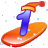This animated GIF is the number 1 going down a slope on a snowboard. It is also wearing a yellow and red hat