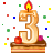 This gif animation shows a lit candel in the shape of a number 3 , with sparkles flickering in the background