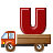 This animated GIF is a flatbed truck with the letter u bouncing on top of it