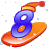 This animated GIF is the number 8 going down a slope on a snowboard. It is also wearing a yellow and red hat