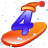 This animated GIF is the number 4 going down a slope on a snowboard. It is also wearing a yellow and red hat