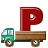 This animated GIF is a flatbed truck with the letter p bouncing on top of it