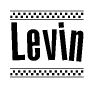 The image is a black and white clipart of the text Levin in a bold, italicized font. The text is bordered by a dotted line on the top and bottom, and there are checkered flags positioned at both ends of the text, usually associated with racing or finishing lines.