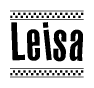 The image is a black and white clipart of the text Leisa in a bold, italicized font. The text is bordered by a dotted line on the top and bottom, and there are checkered flags positioned at both ends of the text, usually associated with racing or finishing lines.
