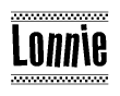 The image contains the text Lonnie in a bold, stylized font, with a checkered flag pattern bordering the top and bottom of the text.