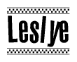 The clipart image displays the text Leslye in a bold, stylized font. It is enclosed in a rectangular border with a checkerboard pattern running below and above the text, similar to a finish line in racing. 